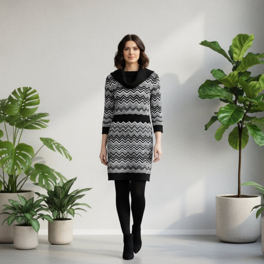 Bebe Cowl Neck  with Lurex Black and White Zig Zag Long Sleeve Dress